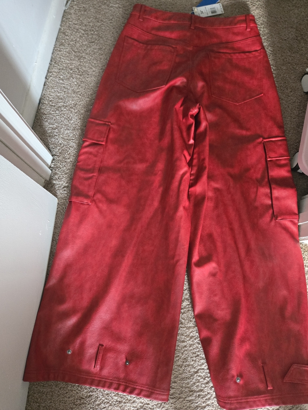 Adidas Red Wide-Leg Faux Leather Cargo Track Pants with White Stripes - Picture 3 of 3